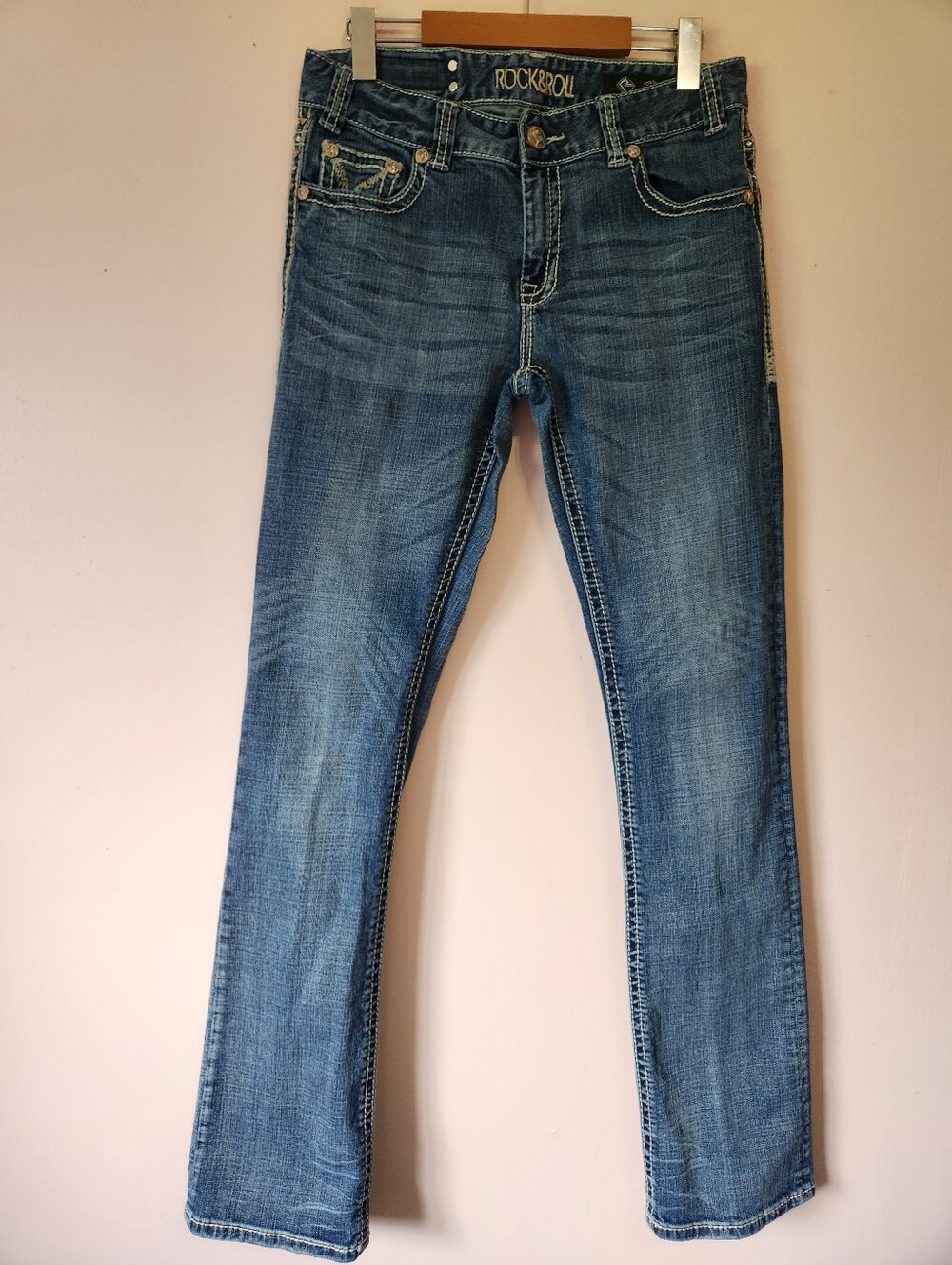 Rock & Roll Cowgirl Boyfriend Jeans 27 Contrast Stitch Embellished Western Y2K
